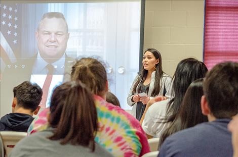 Laurencia Starblanket welcomes students to the conference before Senator Jon Tester's message is shared. 