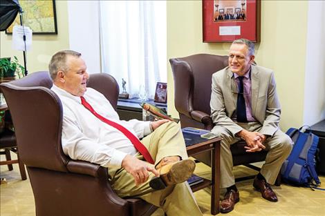  Montana Wildlife Federation Executive Director Frank Szollosi, of Missoula, speaks with Senator Jon Tester on Capitol Hill about climate-fueled devastation in and adjacent to Yellowstone National Park and the lopsided fiscal benefits of strong climate policy. 