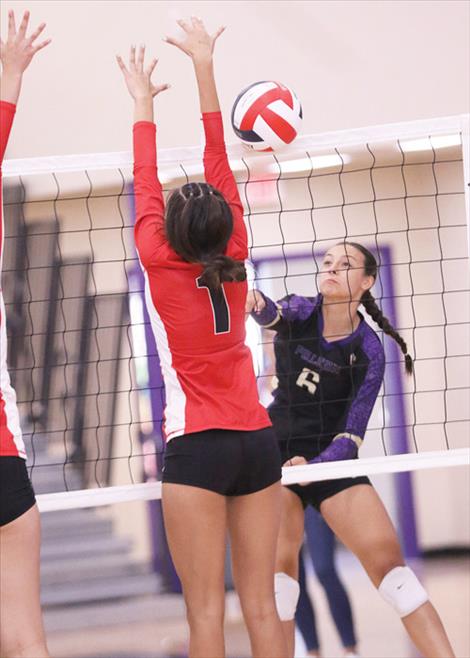 Samantha Rensvold makes a kill against the Browning Lady  Indians during a Sept. 24 game. 