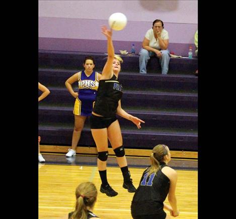 Lady Pirate Jessica Hoel goes up for the kill during their 3-1 victory over Stevensville.