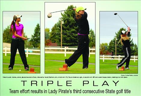 Polson’s Jaylin Kenney, center, shot a 171 to place second at State, followed by Nicole Clairmont, left, in third with 175, Peyton Anderson, right, in seventh with 182.