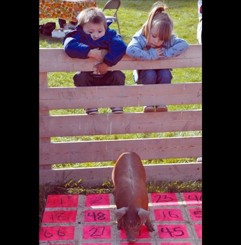 Xavier St. Clair and Milee Cordier watch for a winner to pig pie bingo.