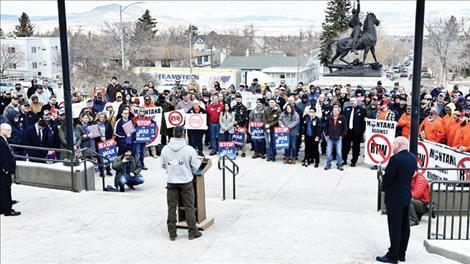 Union workers rally outside of the Montana Capitol on Feb. 17 in opposition to a bill establishing right-to-work in the state. 