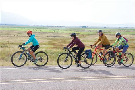 Surrounded by sunshine, grassy fields and rolling hills, Pedal to Plate bicyclists travel north along Back Road.