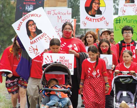 Community members march on June 16 of this year to raise awareness of indigenous people, including Mika Westwolf, who’ve been killed along Highway 93 on the Flathead Reservation and have yet to see justice in their deaths. Westwolf was 22 when she was struck and killed while walking alongside Highway 93 in the early morning hours of March 31.