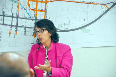 Kathy Harris, engineer of the proposed Highway 93 expansion project, explains design concepts to Ronan’s City Council. 