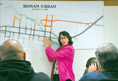 Kathy Harris, engineer of the proposed Highway 93 expansion project, explains design concepts to Ronan’s City Council. 