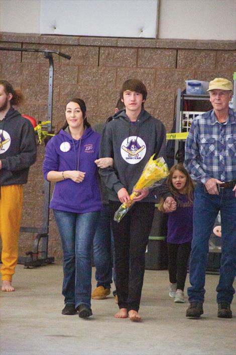 Polson Pirate senior swimmer Hayden Clairmont along with swim team mates were recognized for their achievements and contributions to their team during senior night prior to the start of the Jan. 5 meet.