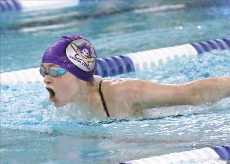 Polson Lady Pirate swimmer Dixie Montgomery competes during the Jan. 5 home meet.