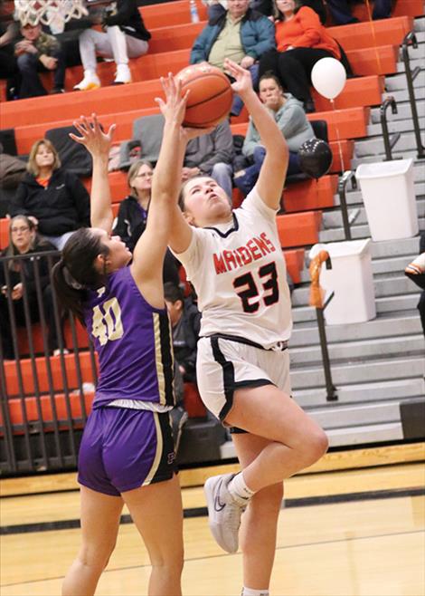 onan Maiden Zailee Hewankorn shoots a jumper during a Jan. 16 game against Polson. In a close contest, the Lady Pirates beat Ronan 45-41.