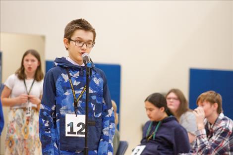  Jaxon Courville, Charlo sixth grader, spells a word during the first round of the Lake County Spelling Bee.