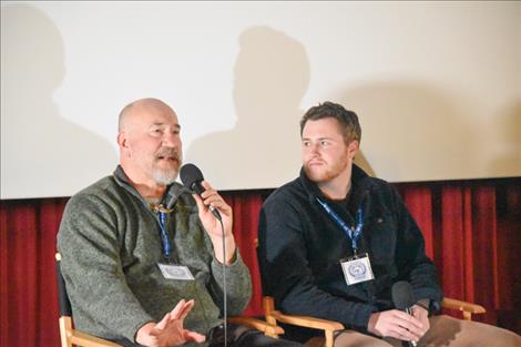 Jack Gladstone, left, and Brendan Hall, right, speak to audience members after the screening of “Out There: A National Parks Story.” Gladstone appears in this documentary directed by Hall. The film won the Best Documentary Feature FLIC Award.