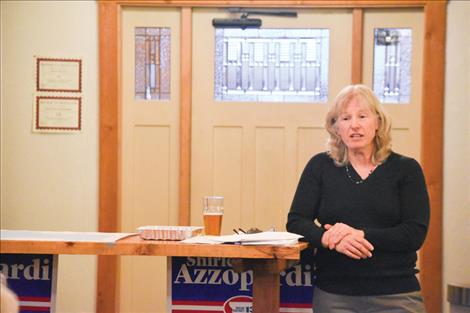 hirley Azzopardi speaks to those attending a meet and greet event announcing her House District 13 candidacy held March 1 at Glacier Brewing Company in Polson.