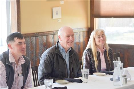 Montana Governor Greg Gianforte and his wife, Susan, visit with Mission Valley ag producers during a locally sourced lunch at Ninepipes on March 20.