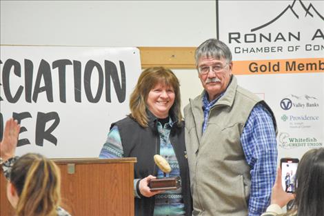 Susan and Jack Lake pose for a photo at the annual Ag Appreication Dinner in Ronan after being honored as Farmers of the Year.