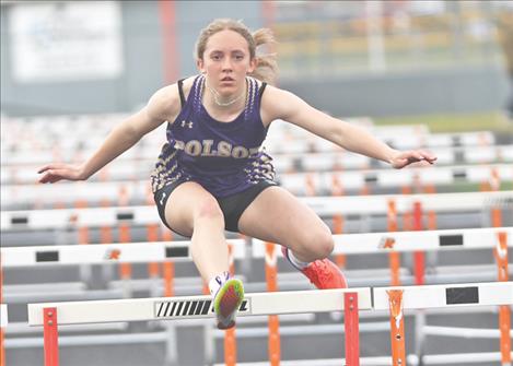 Polson Lady Pirate Ross Bishop wins the varsity 100 meter hurdles event for the May 2, Lake County Track Meet.