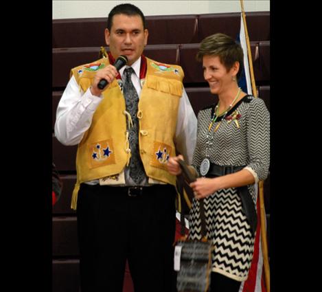 SKC President Robert DePoe III dons his new beaded buckskin vest. The board presented DePoe with the vest.
