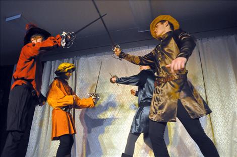 Montagues and Capulets, played by Mission Valley Christian Academy students, battle it out in a rehersal of this week’s dinner theater performance of Romeo and Juliet.