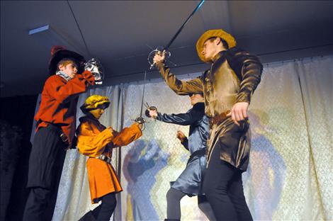 Montagues and Capulets, played by Mission Valley Christian Academy students, battle it out in a rehersal of this week’s dinner theater performance of Romeo and Juliet.