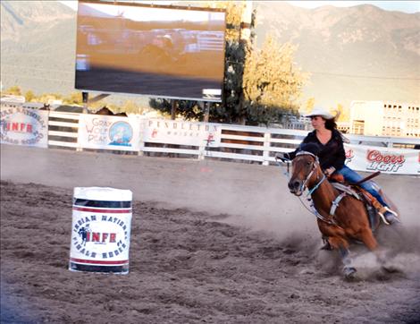 Sammy Jo Bird heads into the first barrel Saturday evening while the Jumbotron documents  every move. 