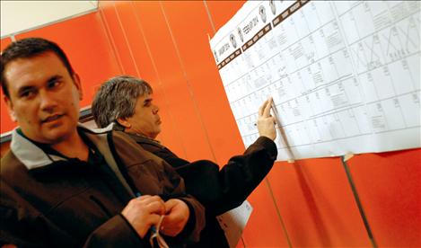 Dads attach stickers to a school year calendar indicating what day they can come to school. Linderman School Watch D.O.G.S. encourage father's participation in the school. 