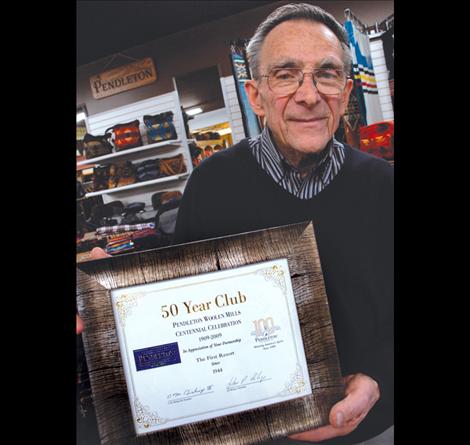 Duford received a plaque honoring his 50-year history with Pendleton Woolen Mills. The First Resort carries a huge selection of Pendleton clothing, blankets and accessories.