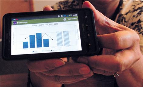 Dalene Gardipe shows the daily power usage chart on a smart phone. 