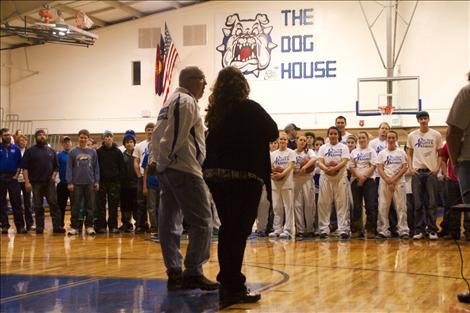 At the girls’ basketball game, Les Rice fans — those he has coached or coached alongside — gathered on the gym floor to celebrate his 34 years of coaching, with the support of wife Lou Rice.