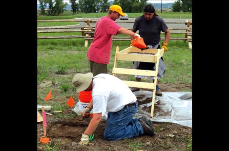 SKC students Chris Muffit, left, Duane Reid and Amak Kenmille work on the Grant-Kohrs Ranch projects as part of the Salish Kootenai College Indigenous Archaeology Field School students working at Grant-Kohrs Ranch.