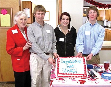 Kuilix Regent Bonnie Huber stands with Good Citizen Essay Contest first-place winner Connor Daugherty, third-place winner Katelynn B. Hogge and second place winner Caden Howlett.