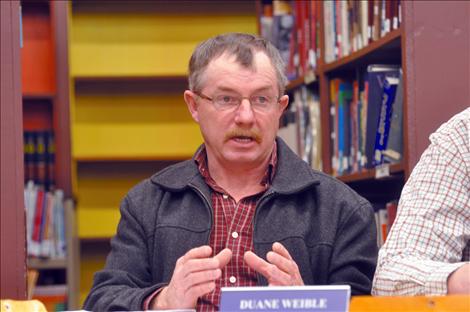Charlo school board member Duane Weible asks questions about the district’s technology policy.