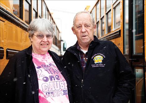 Cindy Paulsen and Clyde Olsen are longtime Charlo bus drivers.