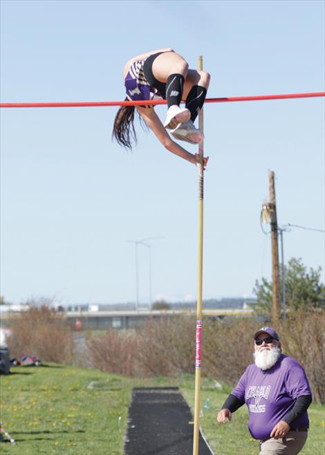 Polson’s Kellyn Nelson wins the pole vault by clearing 11’6”. She also took first in the 300M hurdles.