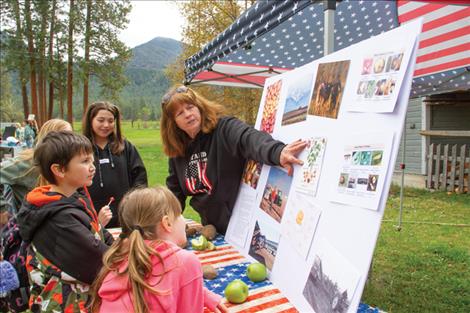 Susan Lake explains to fourth graders how potatoes grow – with flowers above ground and tubers below. 
