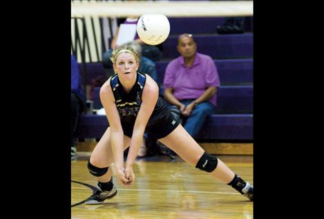 Polson’s Heidi Rausch gets a dig against Stevensville last Thursday. Rausch led her team with 18 kills, two blocks and 17 digs in the match.
