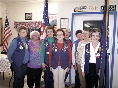 The ladies of the Ronan Ladies Auxiliary 5652 received five-year pins at their March meeting. The Auxiliary began on Nov. 8, 2008. Pictured are Peggy Cote-Smith, Kathy Harrington, Margaret Fay, Jessie Merwin, Crystal Nichols, Marie Hall, Helen Sorenson and Pat Armstrong. Not pictured are Cory Clapp, Aubrey Drebes, Shirley Glover, Darcy Hoffman, Fay Morgan, Letha Morgan, Laura Kuntz, Mardell Lockwood, Lynette Marshall, Vicki Rogers, Crisco Stahl, Carolyn Streets Caro Trahan and Linda Trickey.