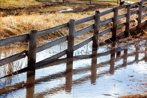 Melting snow pools in low-lying areas.