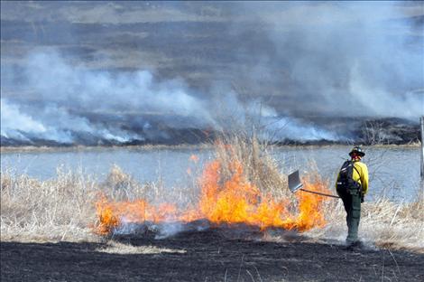 Firefighter Richard Fisher uses a rubber flapper to extinguish flames in a large prescribed burn on Thursday, south of Ronan.
