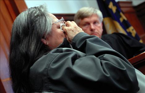 Jolene Madplume cries at her son Melvin Madplume’s sentencing hearing on April 8. 