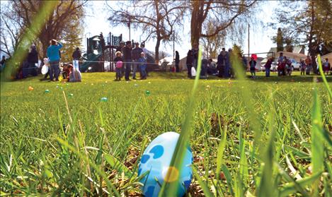 A lone camo egg waits the rush of children in Ronan's Bockman Park.