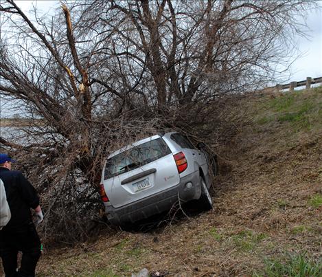 A Pontiac Vibe is found slamed into a tree near the Charlo turn on U.S. Highway 93. The wreck was not reported when it happened, and officers responded when someone spotted the vehicle several days later. 