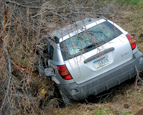 A Pontiac Vibe is found slamed into a tree near the Charlo turn on U.S. Highway 93. The wreck was not reported when it happened, and officers responded when someone spotted the vehicle several days later. 