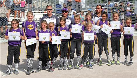 The Polson 10U Lil’ Lakers take first place in their age group. Kids are, front left, Elizabeth Scabbyrobe, Taylor Holm, Matty Holmes, Ashlynn DePoe, Gianna Fyant, Kallie Finkbeiner, Katelyne Druyvestein, Josie Caye, Alexys Orien and Lucy Violette. Back row are Coaches Bob Thiel, left, Ken Druyvestein, Ellie Thiel and Coach Art Caye.