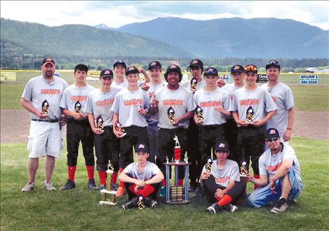 The Ronan Chiefs, a Mission Valley Babe Ruth 13-15-year-old team, won the league championship on June 8 in Plains. The league consists of two teams from Polson, two from Ronan, a Mission team and a Plains team. To bring home the trophies, they defeated Polson P-Town, Plains Royals and Polson Pirates. Members of team include, front row from left, Bryant Hales, Dylan Moran, Coach Elijah Cahoon. Back row, from left, Coach Curt Schutzmann, Vincent Bird-Webster, Mason McNeel, Kade Schutzmann, Tyson Petticrew, Tyler Kelsch, Bubba Red Star, Elijah Cahoon, Happy Cheff, Brendon Blood, Jarrett Richey and Coach Lennie Hales. Coach Rocky Reynolds is not pictured.