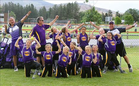 The Polson ASA 10U Lil’ Lakers continue their winning ways going 5-0 in the Fury Fastpitch Summer Sizzler in Frenchtown last weekend and defeating the Bitterroot Sparks in the championship game. The team improved their overall record to 20-2 with the third tournament win in a row. Team members include, front from left, Alexys Orien, Lucy Violette, Katelyne Druyvestein, Gianna Fyant, Ashlynn DePoe and Matty Holmes. Back row, from left, Coach Art Caye, Coach Bob Thiel, Kallie Finkbeiner, Ellie Thiel, Josie Caye, Taylor Holm, Lizzy Scabbyrobe and Coach Ken Druyvestein. 