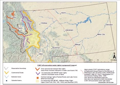 A map compiled by the Confederated Salish and Kootenai Tribes shows the areas that would be impacted in the proposed CSKT Water Compact. The easternmost line shows the exten of the Tribes’ aboriginal homeland -- a much more vast geographic space the Tribes intend to file claims in if the Compact is not passed in the next legislative session.