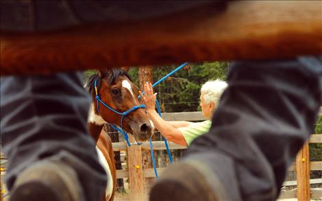 Barb Reber works with her mare, Jam, under Justin Freter’s watchful eye. Freter gave a three-day clinic on Finley Point for a group of horse enthusiasts who want to form a horse club.