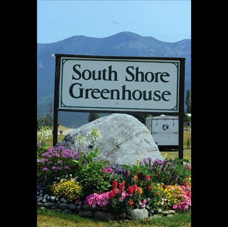 The flowers and plants surrounding South Shore Greenhouse's sign welcome people to the business.