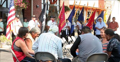 The Mission Valley Honor Guard and Bear Spirit, a tribal drum group, celebrate the opening of the health clinic. 