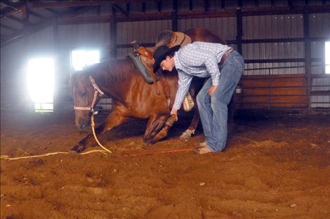 Dusty Morigeau trains a horse to kneel, which will allow a person with disabilities to mount.